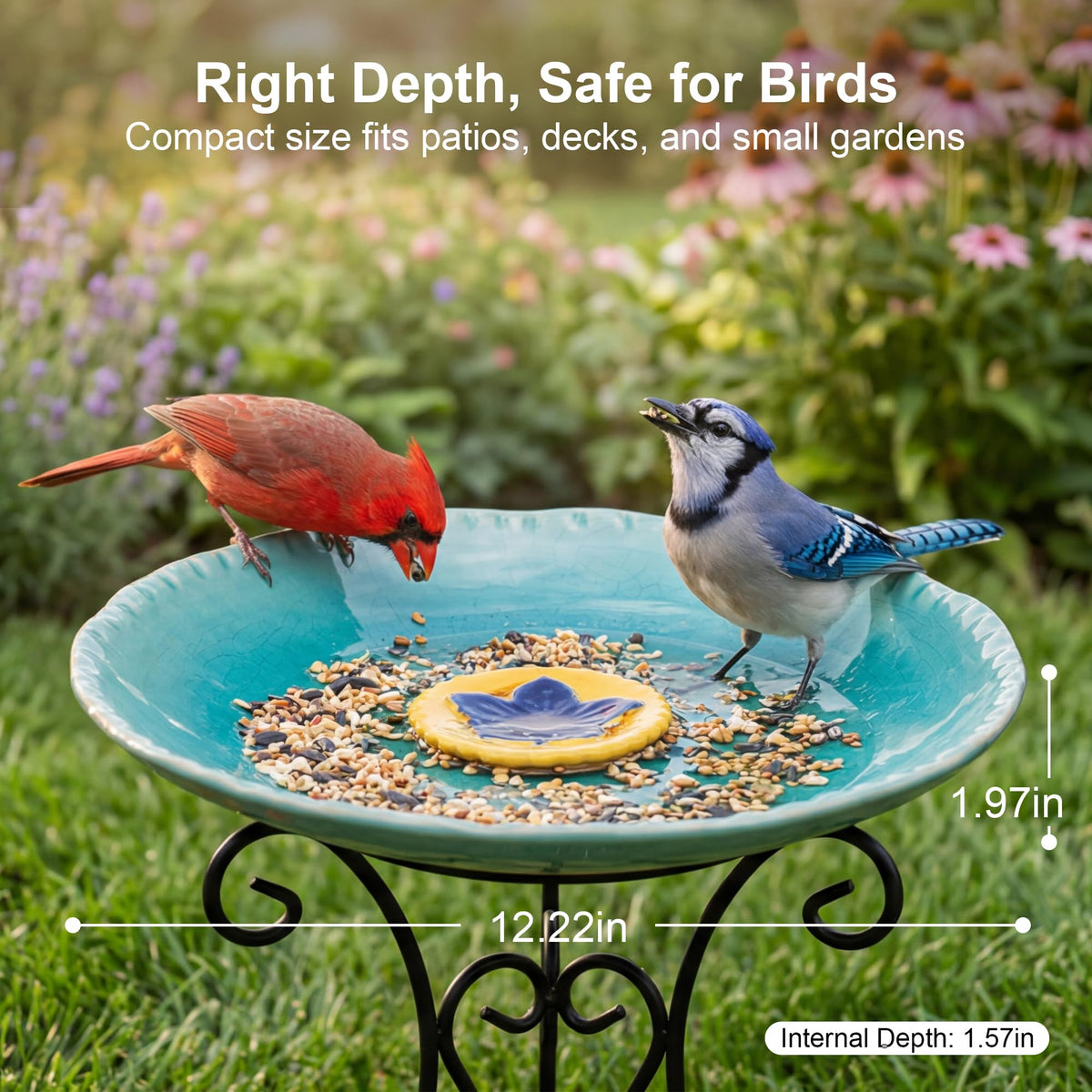 Topadorn raised flower center provides a stable perch for resting birds.
