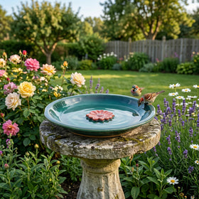 Topadorn birdbath with a wide rim supports multiple birds at once.