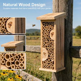 Topadorn wooden bee house interior close-up on natural pine emphasizes sturdy construction.