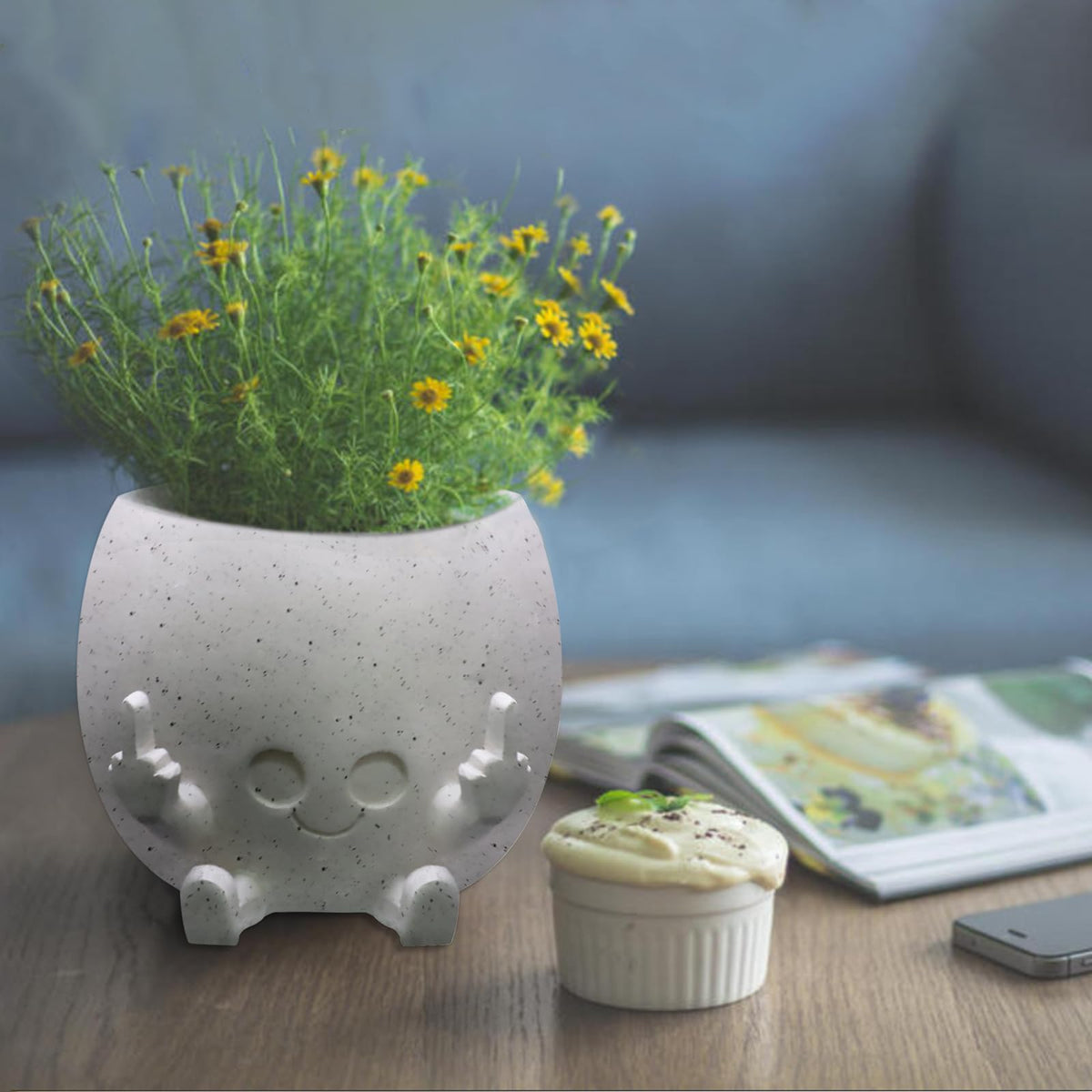 Toparad garden-ready face planter enhances patio decorations.