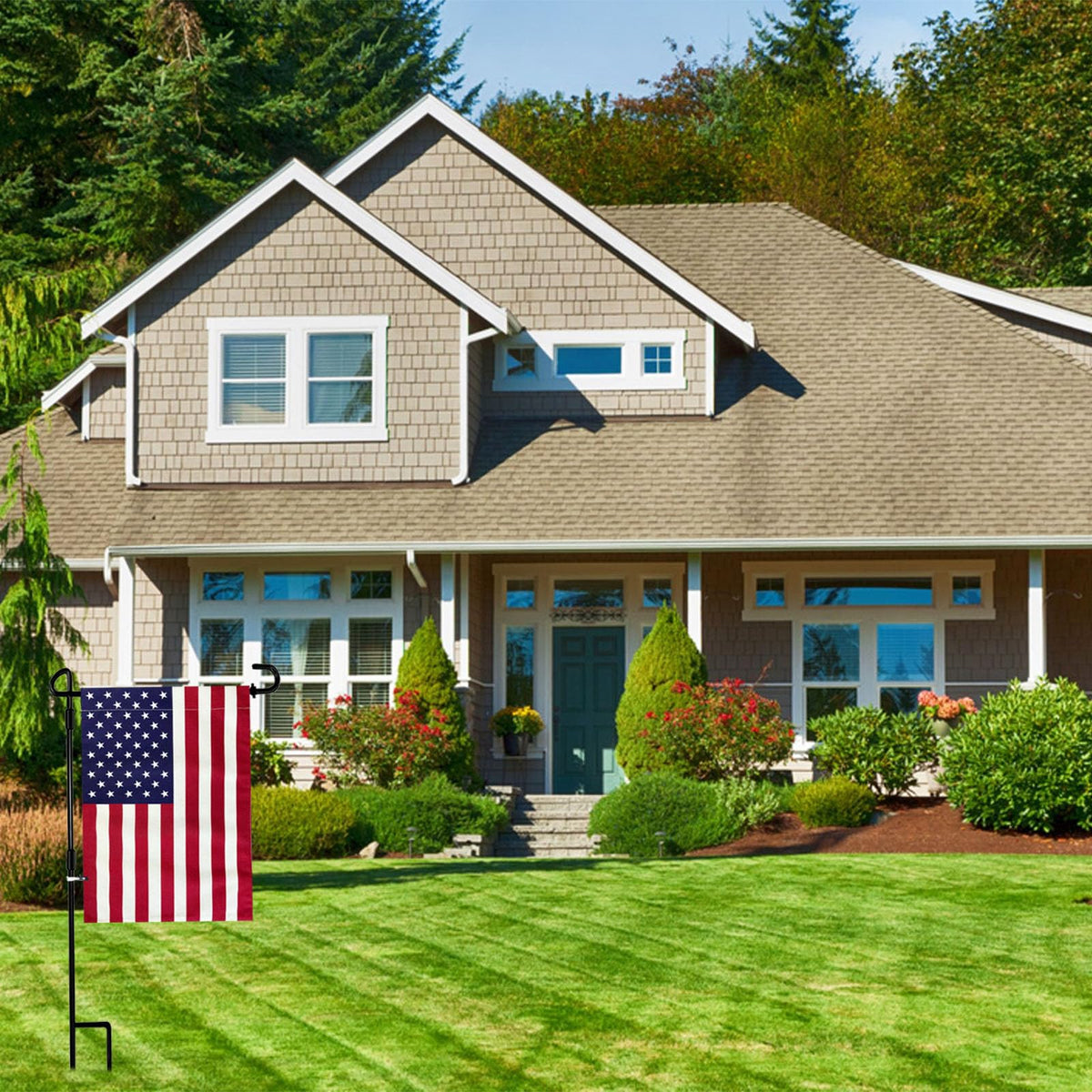 topflags American flag on stand ready for yard display.