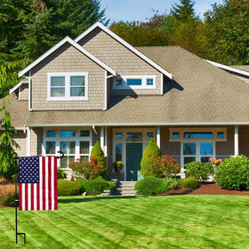 topflags American flag on stand ready for yard display.