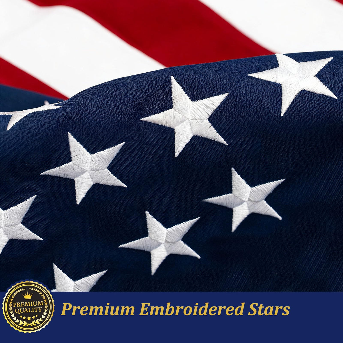 Topflags canvas header with brass grommets for easy outdoor hanging.