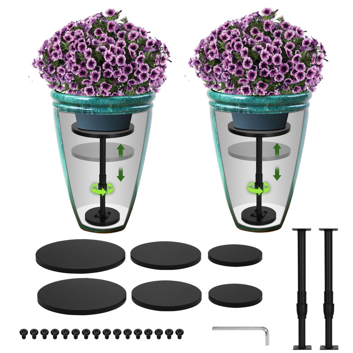 Topfurn adjustable height plant risers showing 12-21 inch lift for tall planters