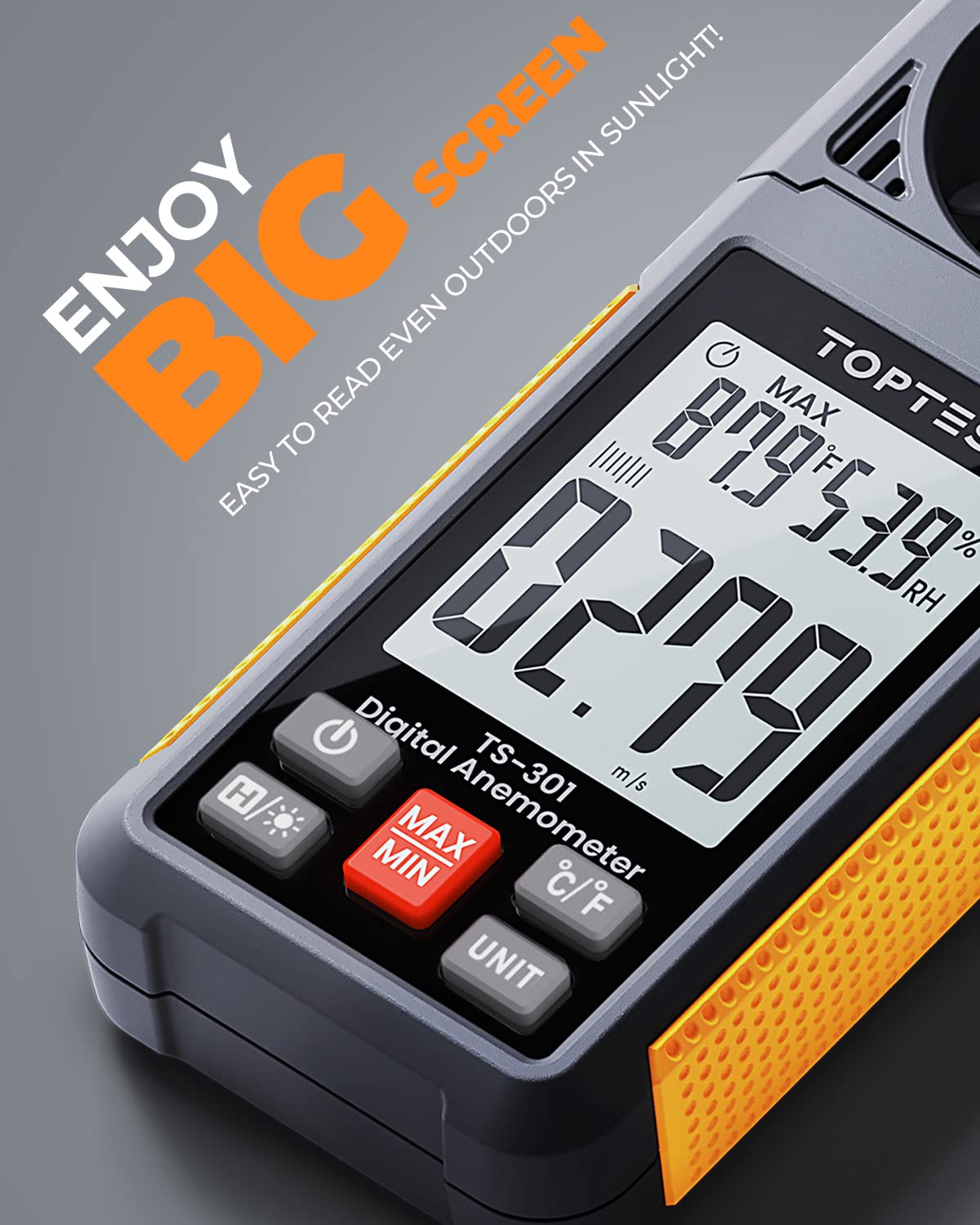 TopTes TS-301 handheld wind meter enables one-handed operation outdoors.