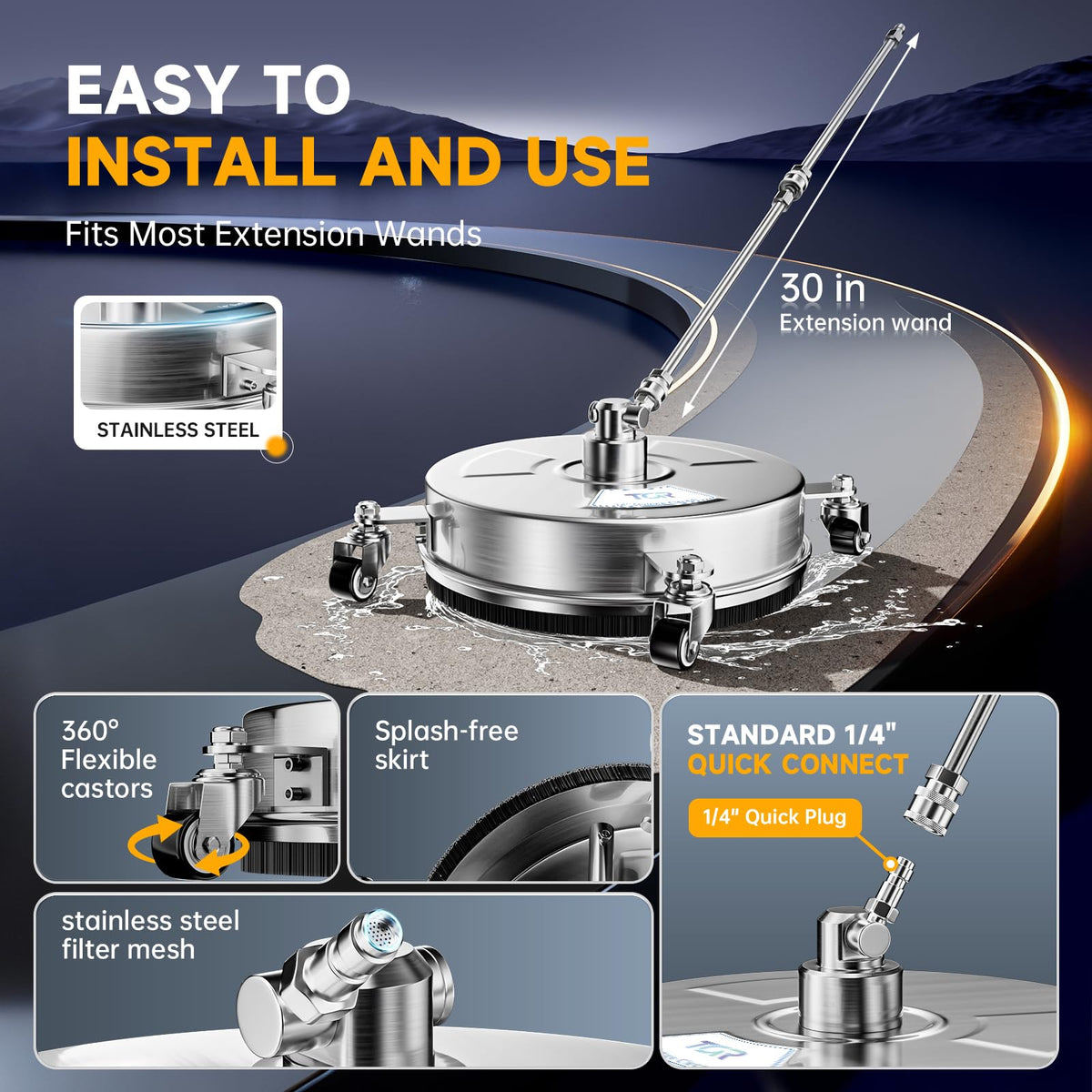 TOR four-caster wheels glide smoothly for effortless outdoor cleaning