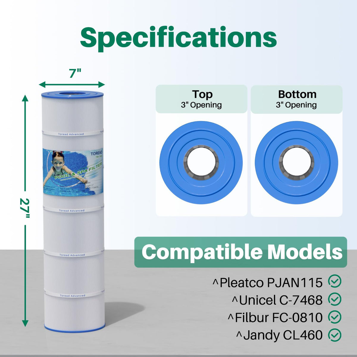 TOREAD PJAN115 filtration area emphasis shows 115 sq ft capacity for clearer water