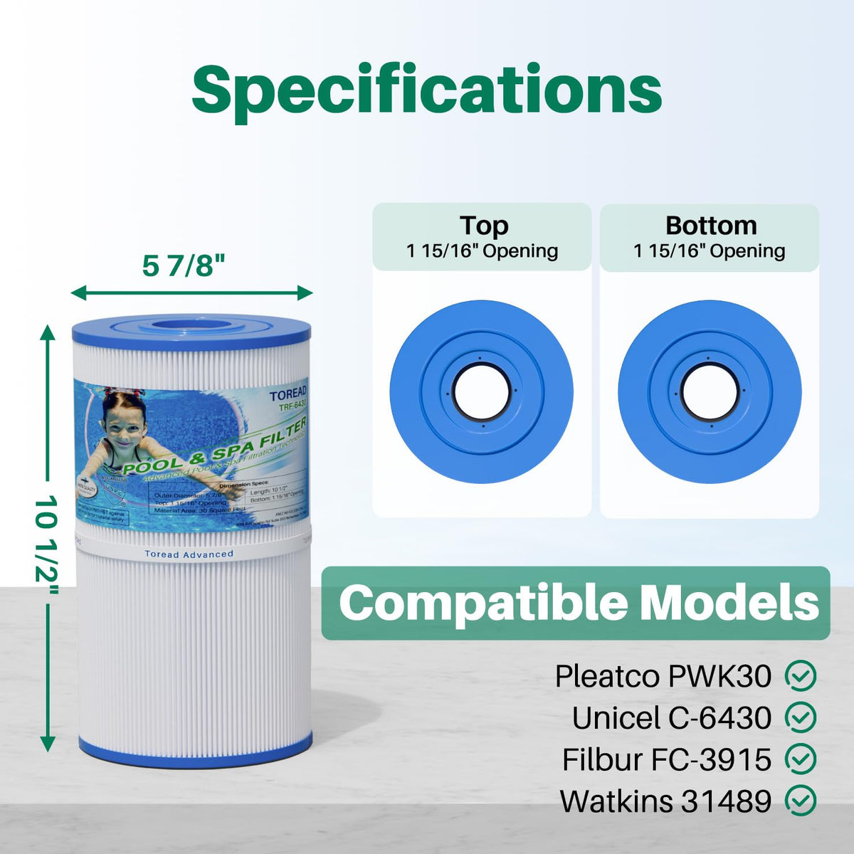TOREAD TRF-6430 compatibility with Watkins and Pleatco models for hot tub filtering