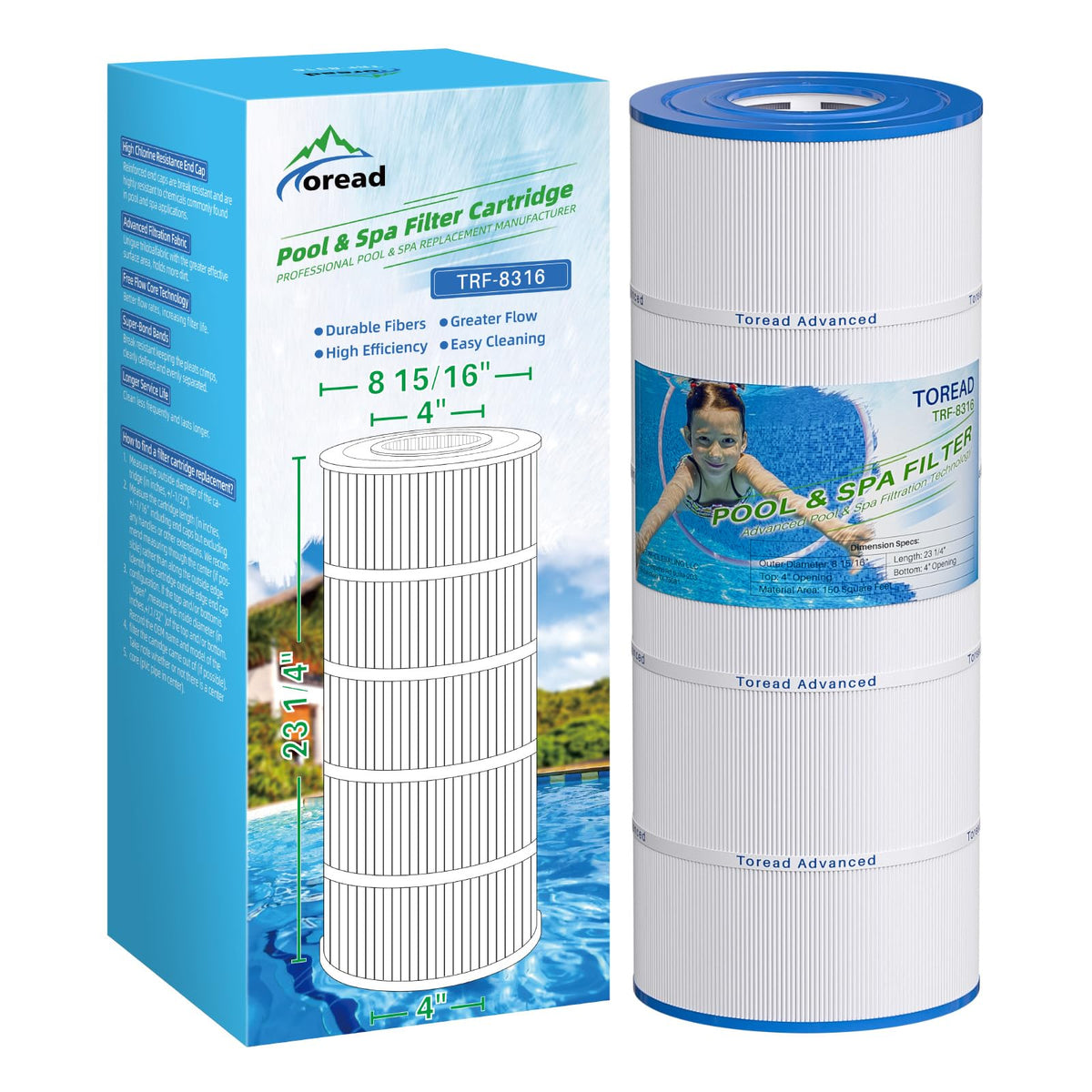 TOREAD TRF-8316 replacement filter cartridge improves water clarity for 150 sq ft pools