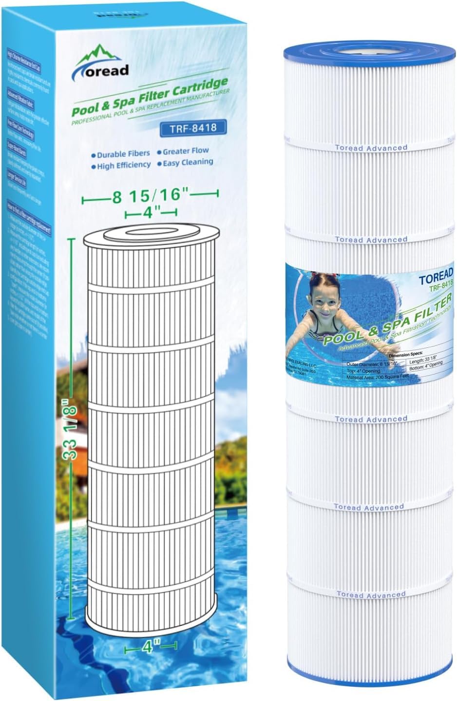 TOREAD TRF-8418 filter cartridge exterior highlights thicker trilobal fabric for longer life