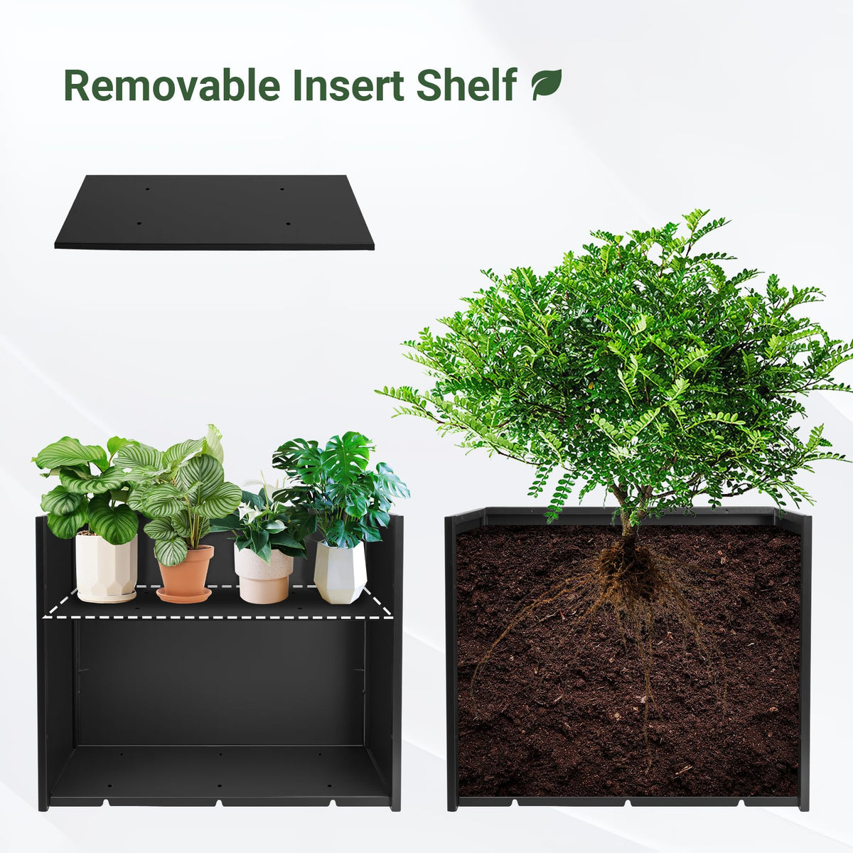 Toriexon planter with removable shelves for adjustable soil depth