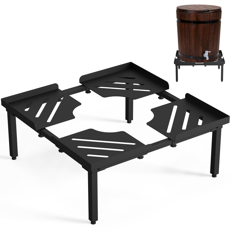 Toriexon 45-55 gallon rain barrel stand front view showing stable outdoor setup