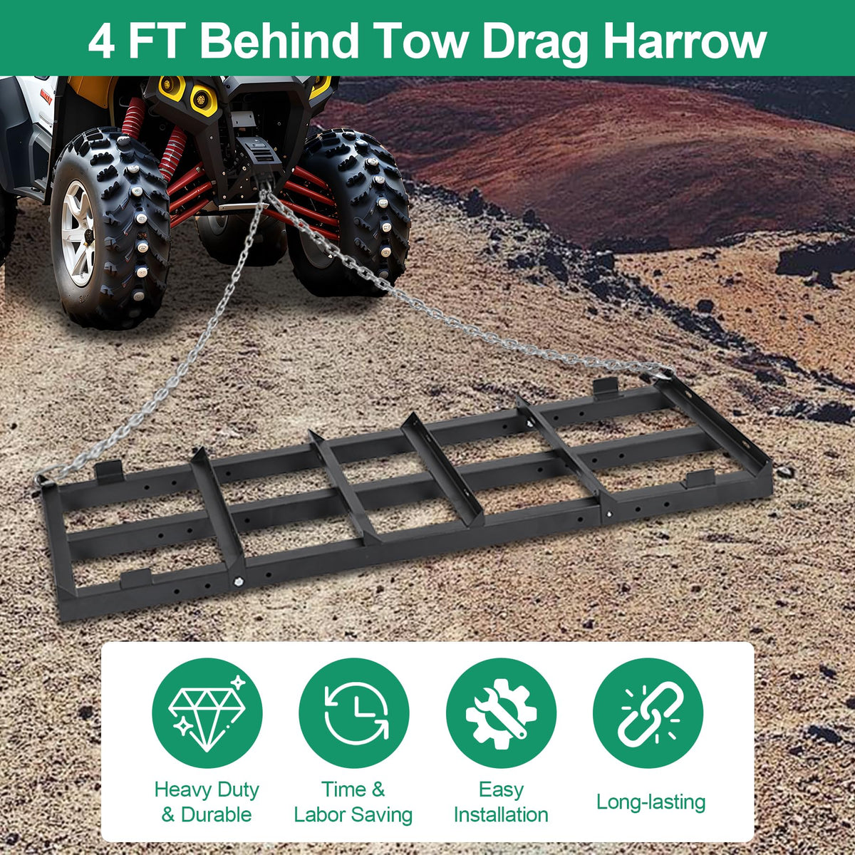 Toriexon drag harrow with 4 ft chain boosts traction and turns