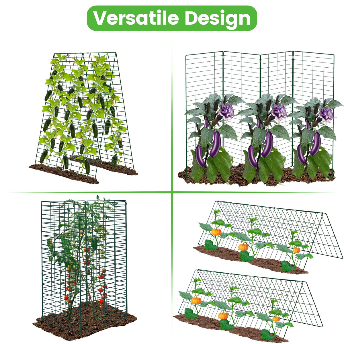 Toriexon cucumber trellis installed in soil with U-stakes for stable vertical growth.