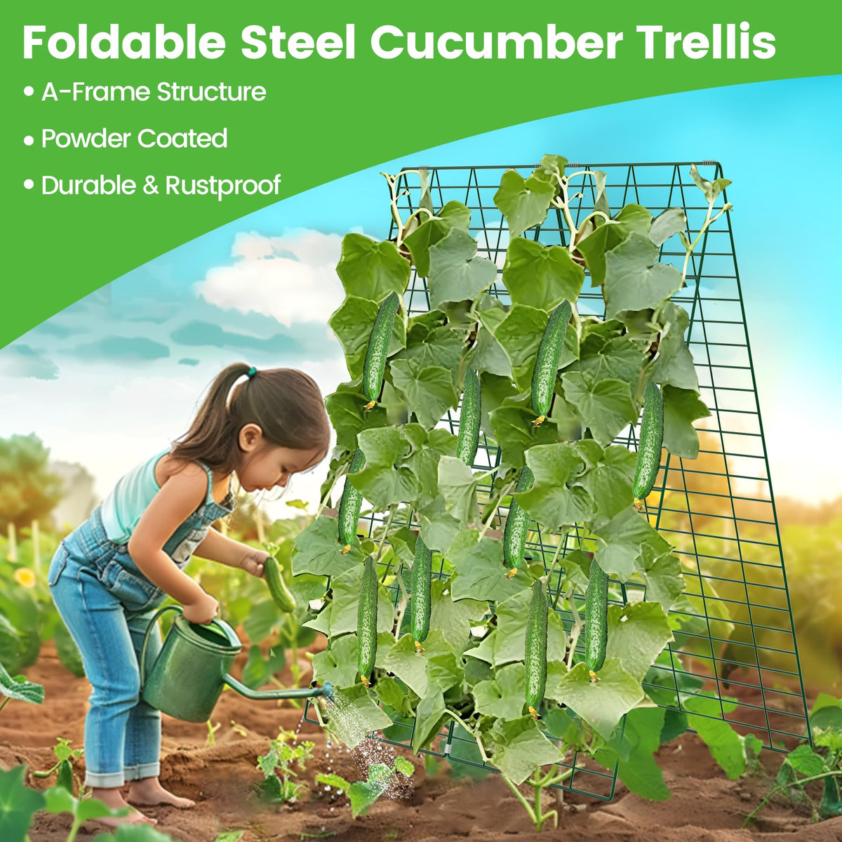 Toriexon cucumber trellis with U-stakes in use for sturdy staking.