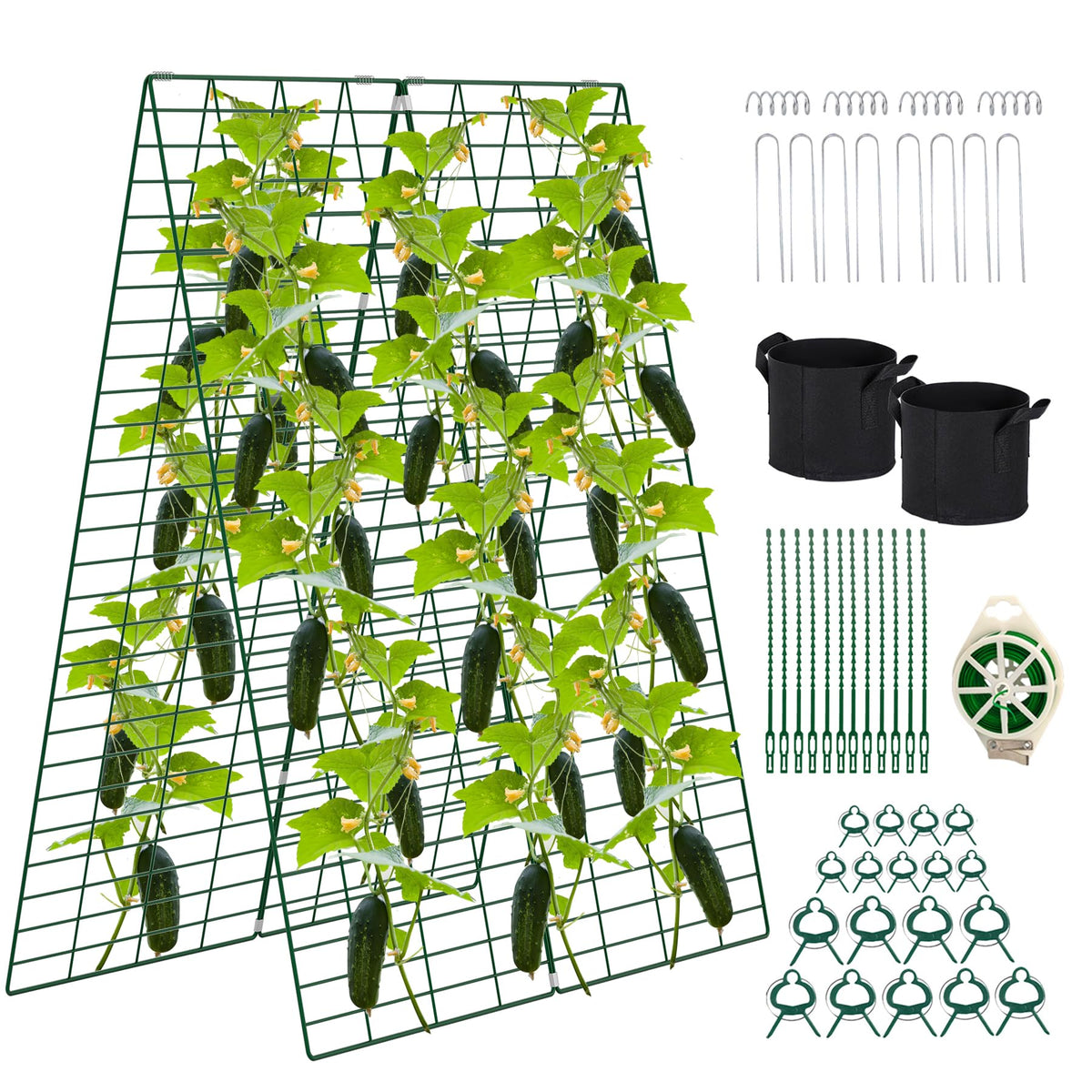 Toriexon cucumber trellis unfolded in the garden for space-saving plant support.