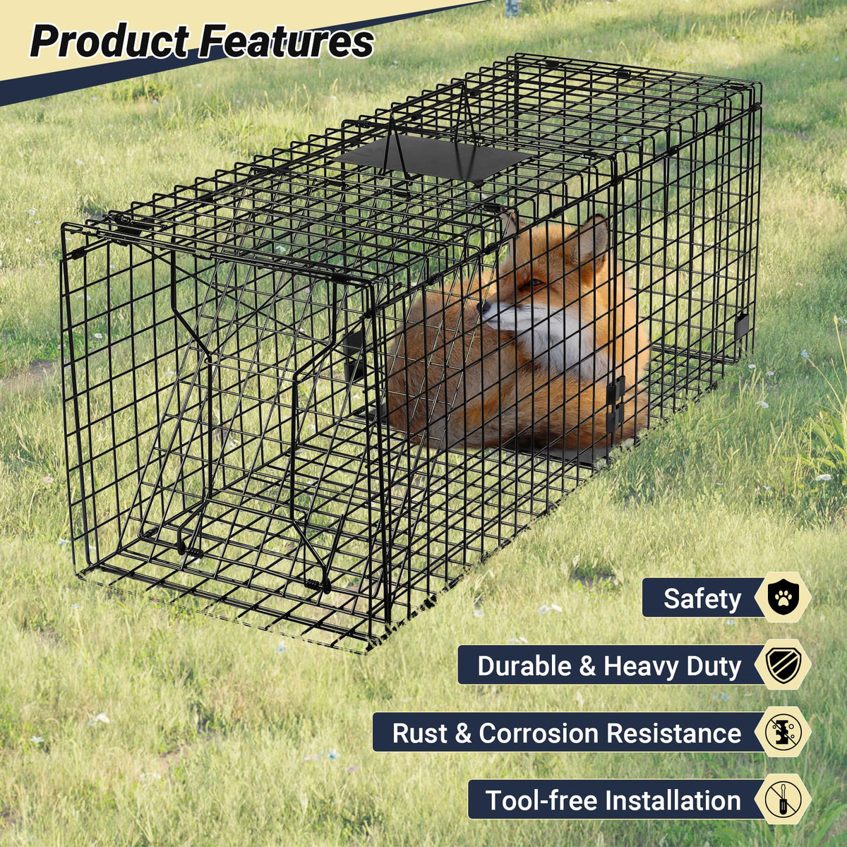Toriexon Humane Large Animal Trap door-closure emphasizes secure latching for humane capture