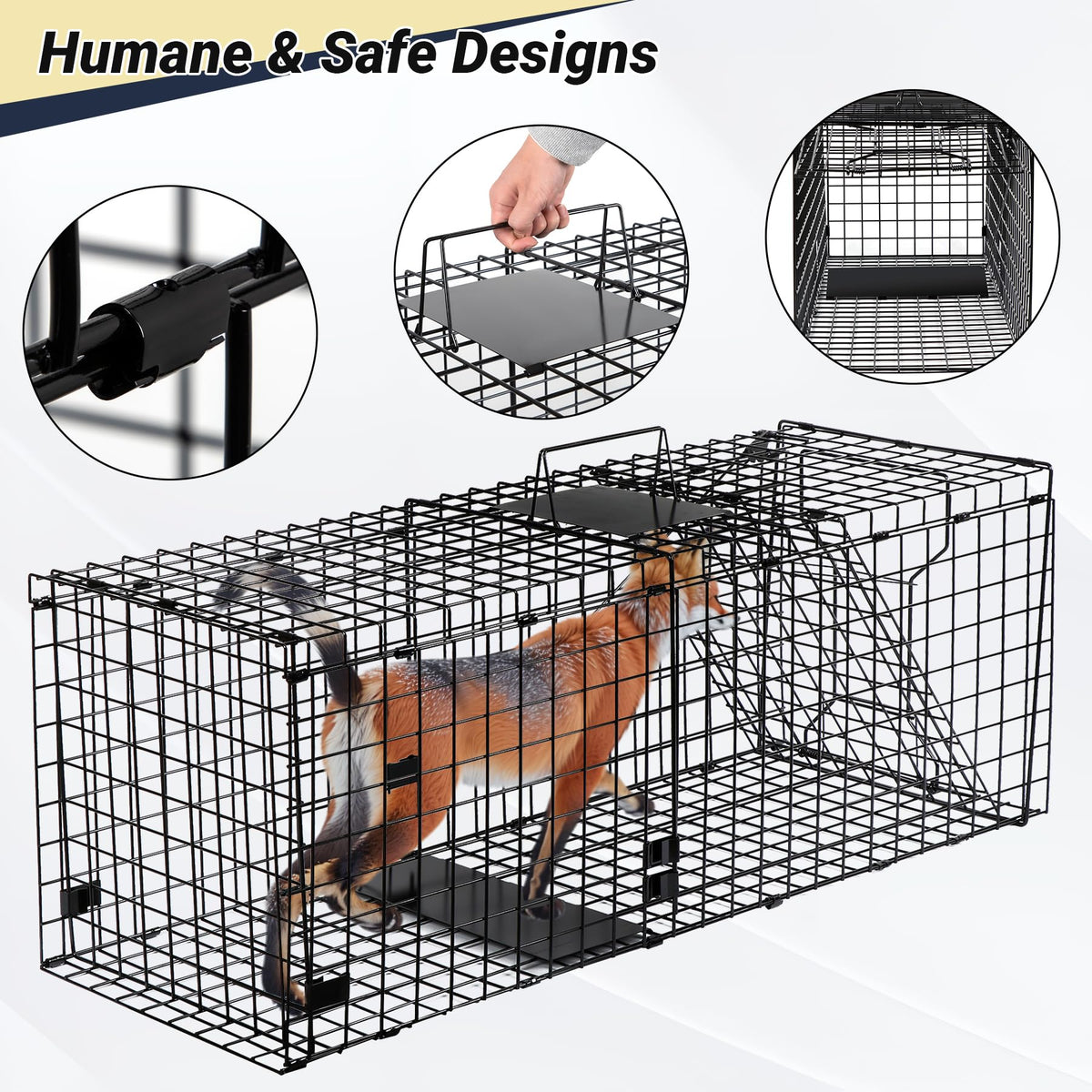 Toriexon humane large trap handrail design eases transport while maintaining distance from captured animal.