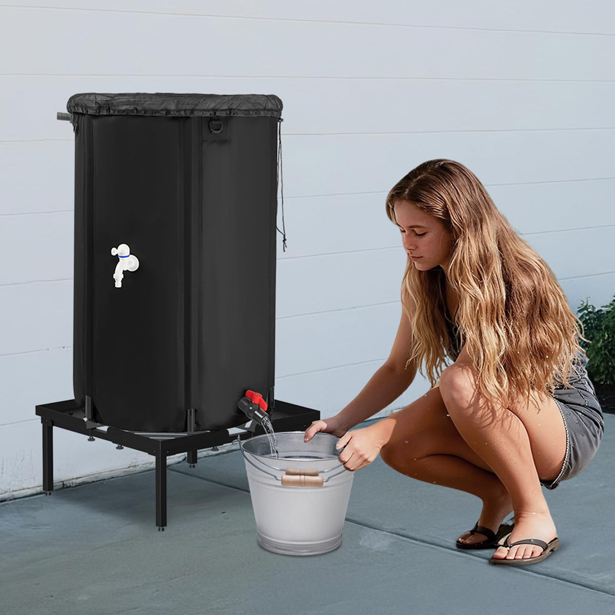 Toriexon outdoor garden scene with rain barrel stand in use
