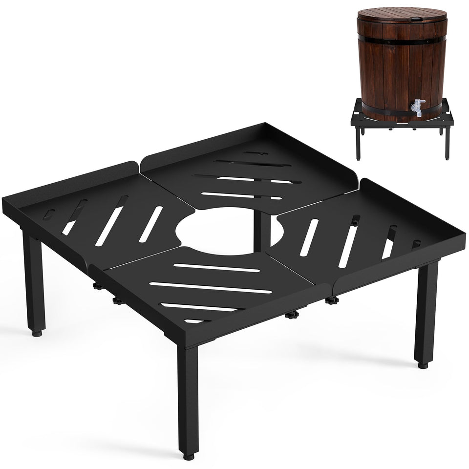 Toriexon rain barrel stand showing adjustable length-width fit for 45–100 gallon containers.