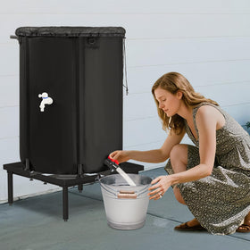 Toriexon stable base design supports secure rain barrel placement.