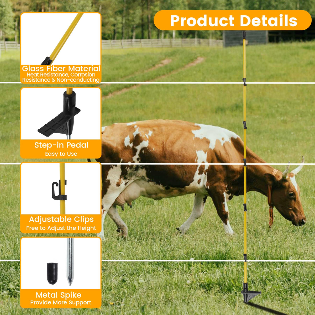 Toriexon post with adjustable clips for height-tuned fencing