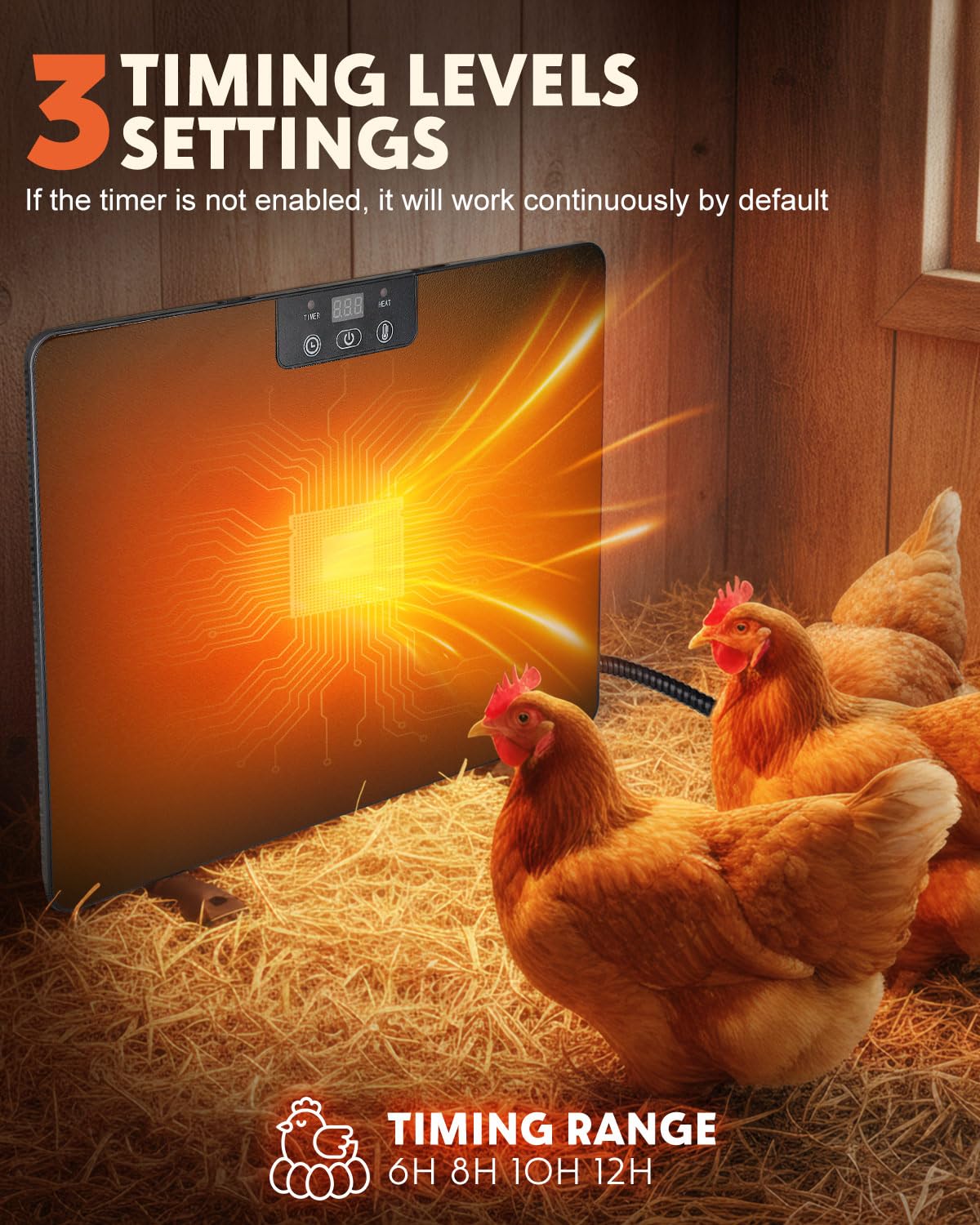 Torlaist chicken coop heater on coop floor provides localized heat.