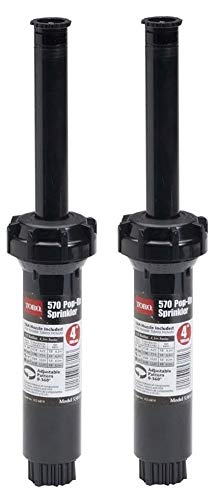 Toro 570 Series 4-inch pop-up sprinkler close-up with adjustable 15-foot nozzle for even watering