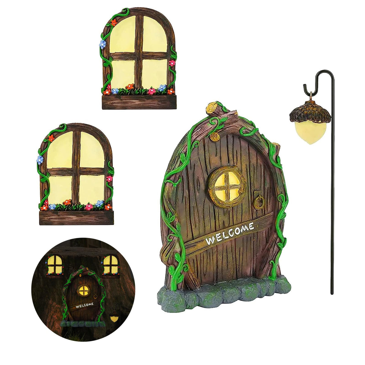 Toromiu Fairy Door on tree glows softly at night, inviting imagination.