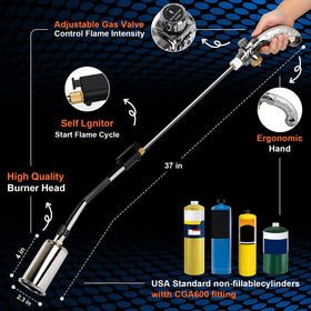 Torquen weed burner with flame control valve for precise flame adjustments.