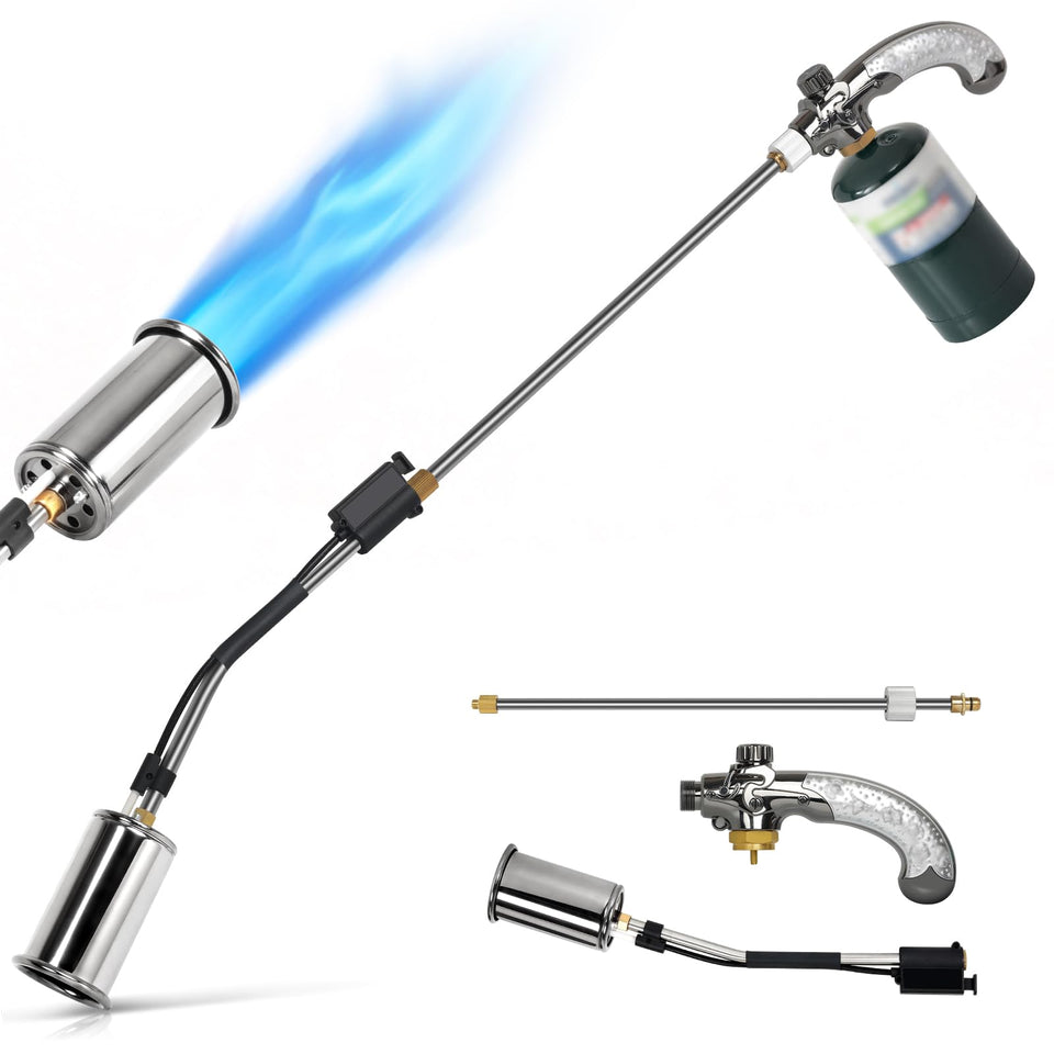 Torquen propane torch weed burner extended 37 inch reach for easy upright weeding.