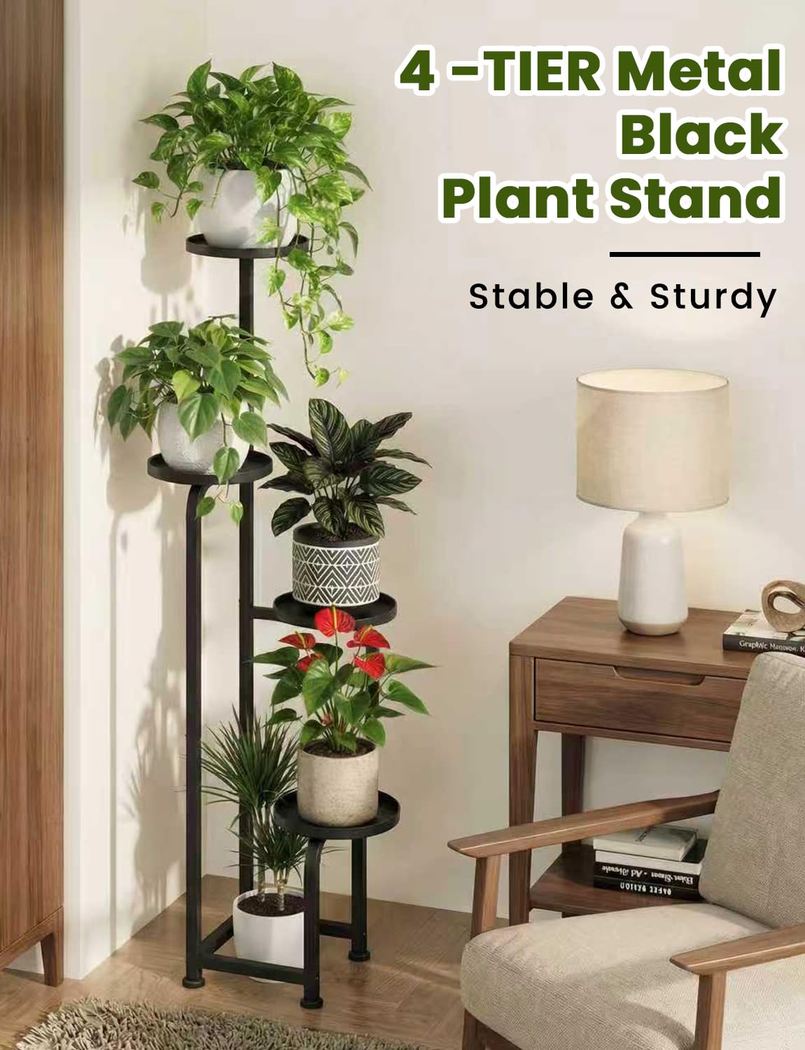 TOSKING heavy-duty metal plant shelf provides stable support for heavier pots.