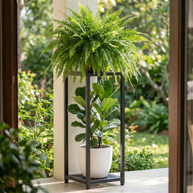 TOSKING tall plant stand side view emphasizes compact, space-saving footprint.