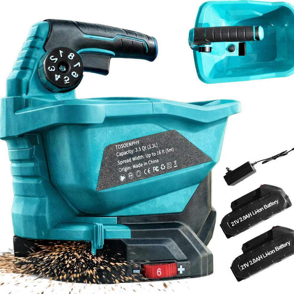 TOSOENPHY 21V spreader in use for even lawn coverage