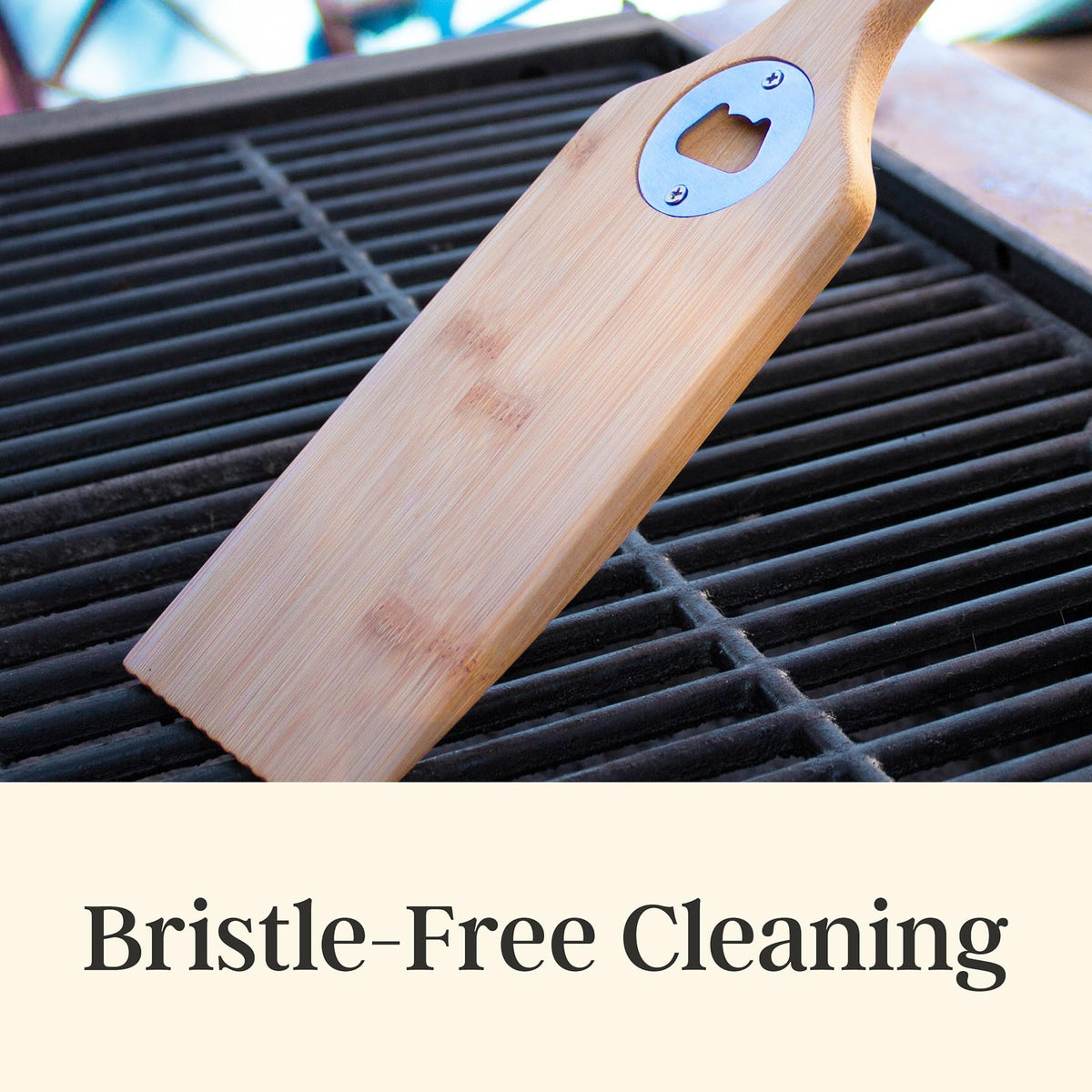 Totally Bamboo grill scraper with angled edge forms to grill grates