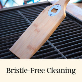 Totally Bamboo grill scraper with angled edge forms to grill grates