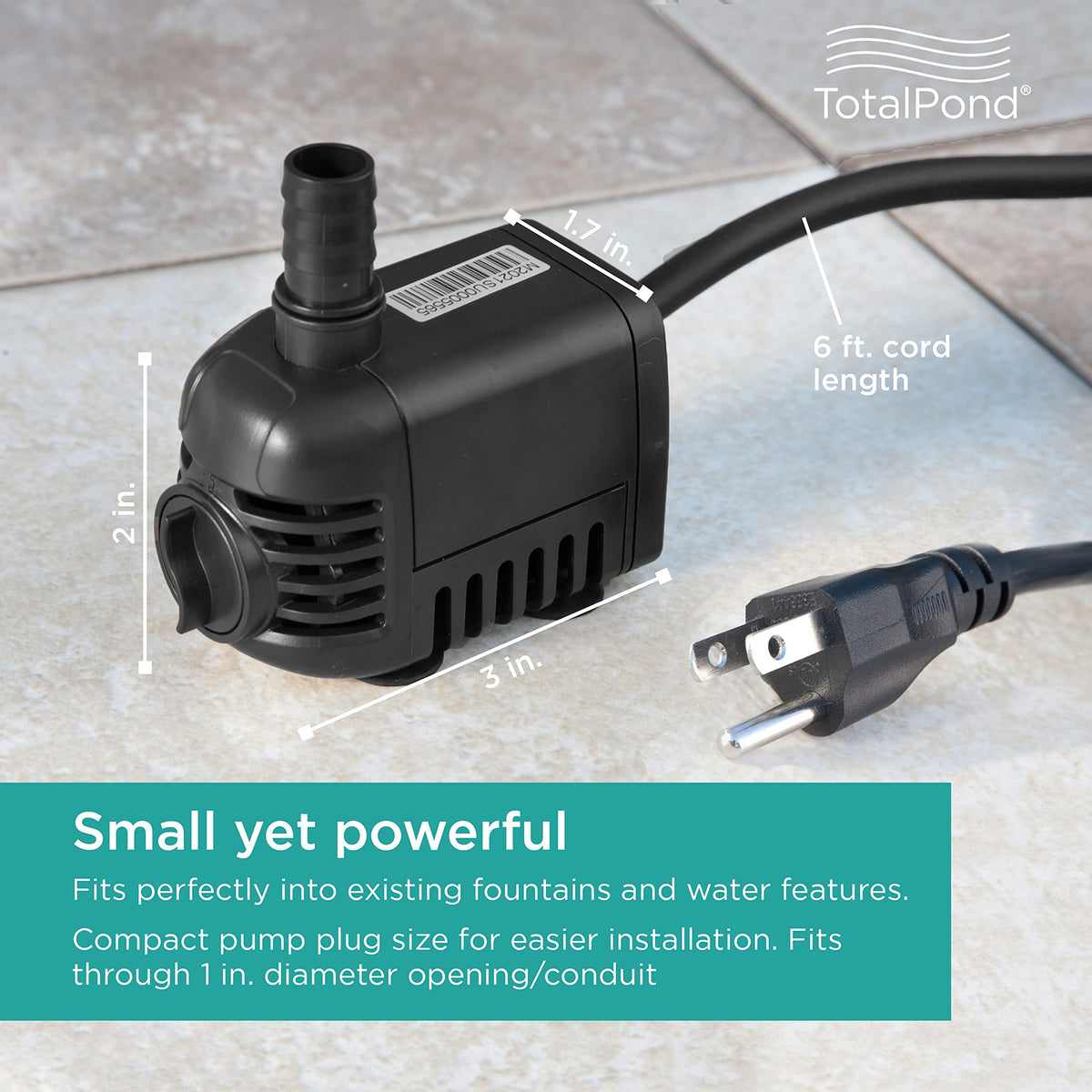 TotalPond 140 GPH pump in housing demonstrates easy integration with existing fountains.