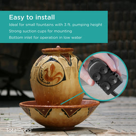 TotalPond 140 GPH pump side view highlights slim footprint for tight spaces.
