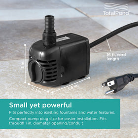 TotalPond 300 GPH fountain pump ceramic shaft for smooth, quiet operation