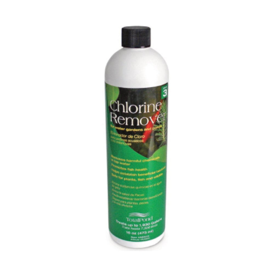 TotalPond Chlorine Remover Plus bottle pour; quickly removes chlorine from pond water to support fish health.