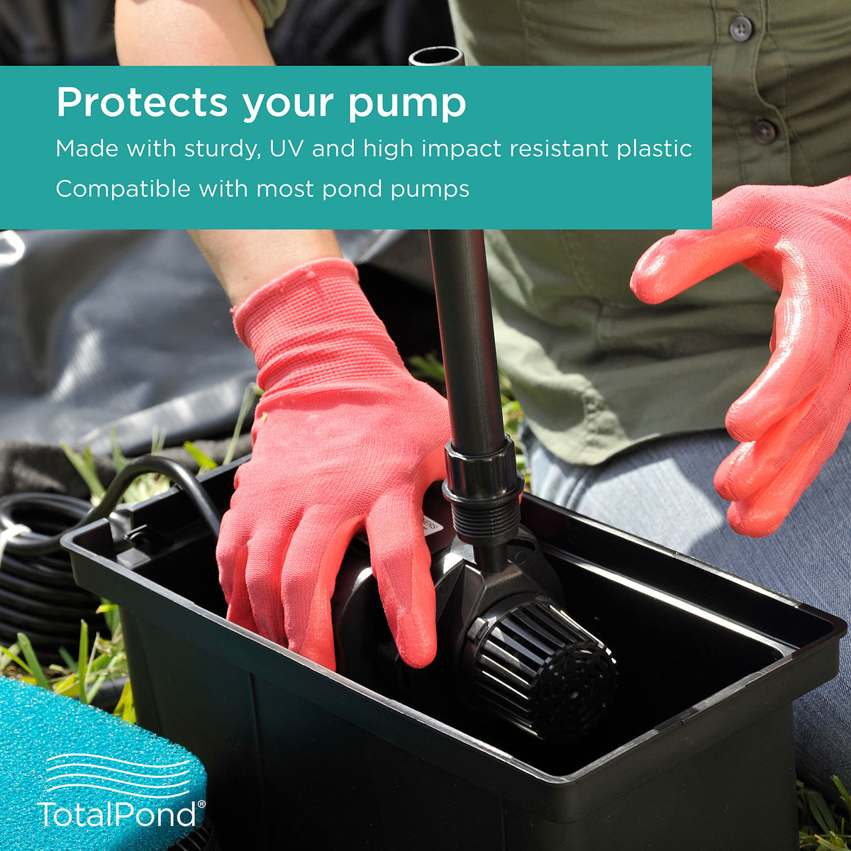 TotalPond Universal Pump Filter Box showing coarse filter pad capturing large debris
