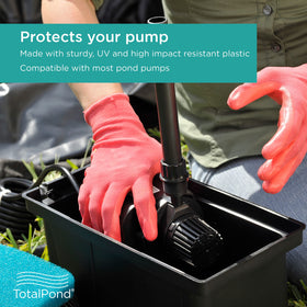 TotalPond Universal Pump Filter Box showing coarse filter pad capturing large debris