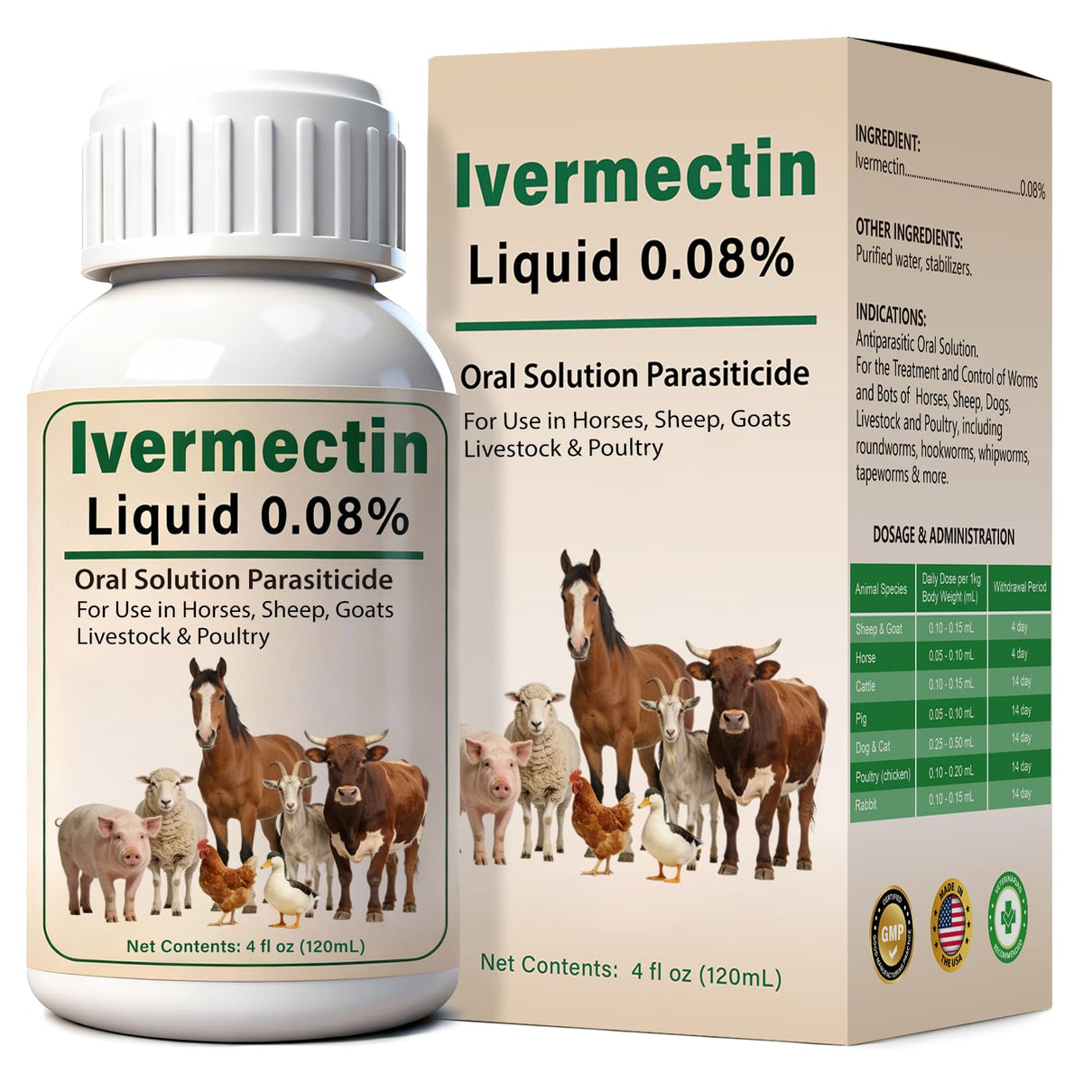 Totoketty Ivermectin Liquid bottle pour showing easy dosing for livestock