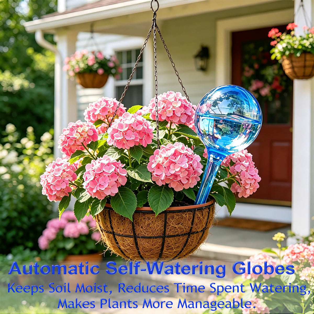 TOTYAO clear-blue globe placed in garden, supports outdoor plant hydration while away.