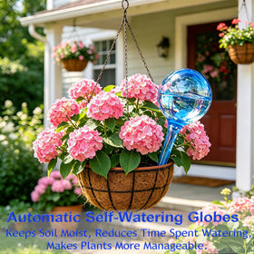 TOTYAO clear-blue globe placed in garden, supports outdoor plant hydration while away.