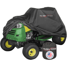 Tough Cover 600D lawn mower cover on a 54-inch deck protects against rain and dust.