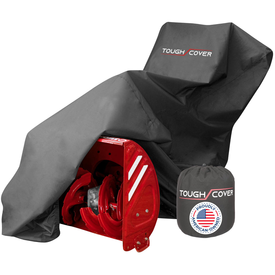 Tough Cover 600D snow blower cover front view protecting up to 70 inch models from rain