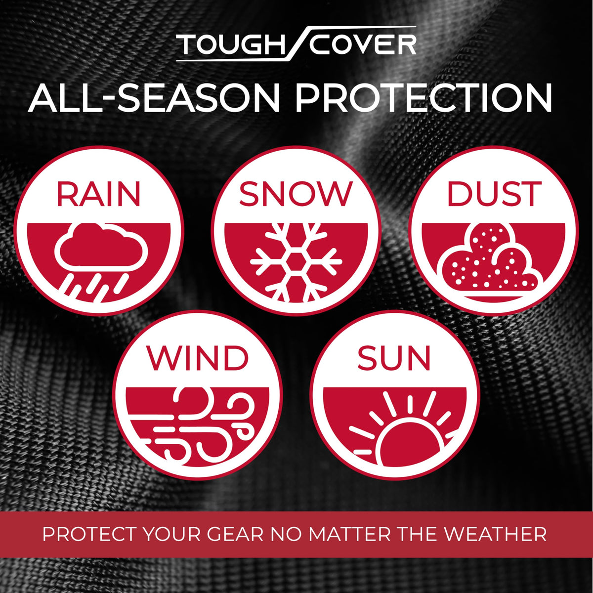 Tough Cover waterproof material emphasizes rain protection in wet conditions