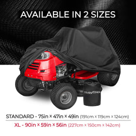 Mower fitted with Tough Cover 600D showing snug fit against wind.