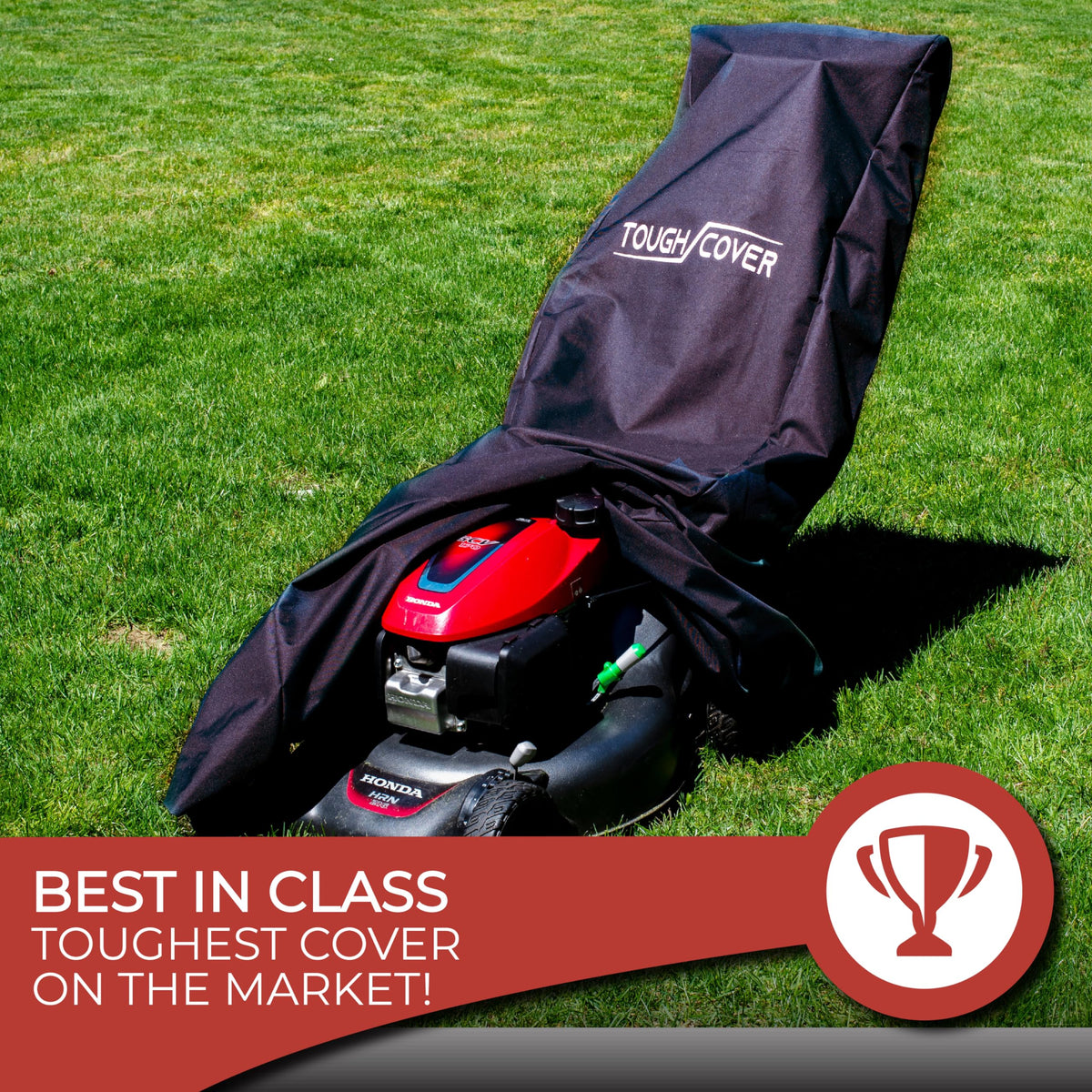 Storage bag and cover help organize lawn care tools and supplies.